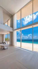 Fototapeta premium A modern room features a comfortable chair with a blue cushion, overlooking a peaceful beach and calm ocean waters on a sunny day