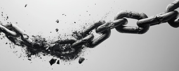 Old rusty chain breaking under pressure on white background