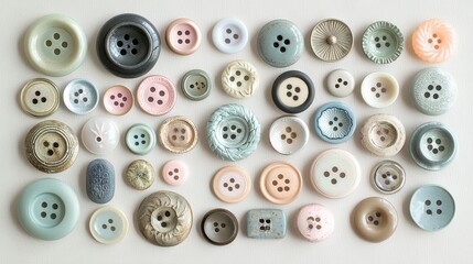   A row of buttons arranged on a white tabletop, positioned beside a white background