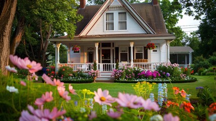 White Victorian House with Lush Flower Garden