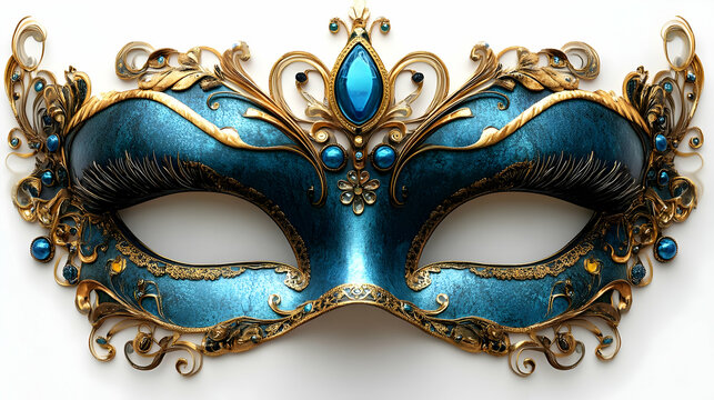 Ornate blue and gold masquerade mask with intricate designs and embellishments.