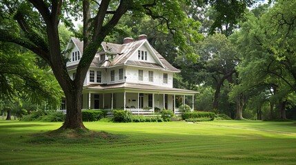 Obraz premium White House with Green Lawn and Lush Trees