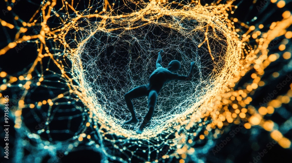 Wall mural the tangled web of fraud: a spiderweb made of glowing threads of promises, with a figure struggling 