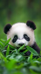 Baby panda bear chewing bamboo in the forest