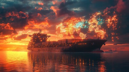 Fototapeta premium A large container ship sails across the ocean at sunset, with a glowing world map in the sky above, symbolizing global trade and transportation.