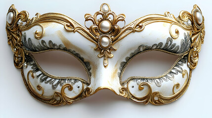 Ornate white and gold masquerade mask with intricate designs and embellishments.