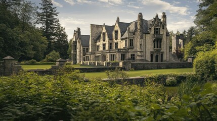 Obraz premium Stone Manor House Surrounded by Lush Greenery