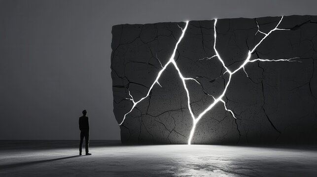 The Wall of Resistance: A person facing a large wall with cracks of light shining through it, representing their goals