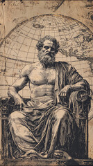 Ancient philosopher seated with globe, embodying wisdom and knowledge