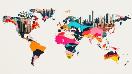 Fototapeta premium Tourist Map Torn Apart: A colorful map of famous global tourist destinations torn into fragmented pieces that float in the air