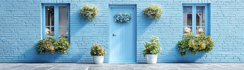 Fototapeta premium Blue Brick Wall with Flowers and a Blue Door, Doorway, Floral, Brick Wall, Home