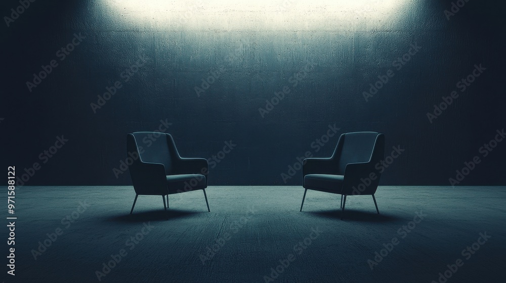 Wall mural two chairs facing each other in a dimly lit room, with one chair slightly faded, representing the fi