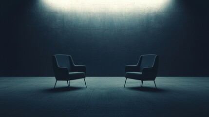 Two chairs facing each other in a dimly lit room, with one chair slightly faded, representing the finality and formality of an exit interview