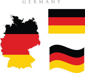 german flag illustration . Set of german flags, in different styles - , waving flag , and map design. Represents the state of Germany. Germany Map Flag. Map of the Federal Republic of Germany with the
