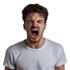 Man yelling with open mouth and wide eyes wearing transparent shirt isolated on transparent background