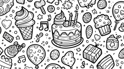   A monochrome image depicting a birthday cake with candles, candies, confetti, lollipops, and assorted sweets