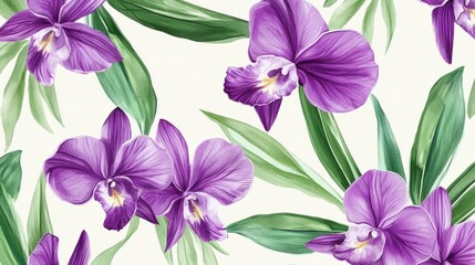 Floral pattern with purple orchids and light green leaves generative ai