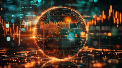 Fototapeta premium Digital Globe Data Visualization with Orange and Green Hues, 3D Rendered Sphere with Glowing Lines and Data, Technology, Innovation, Data Analytics, Digital World, Data Analytics