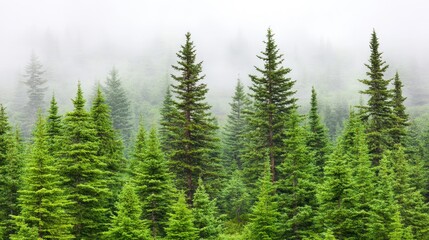 Mist envelops a dense evergreen forest, showcasing a vibrant array of green trees under soft morning light.