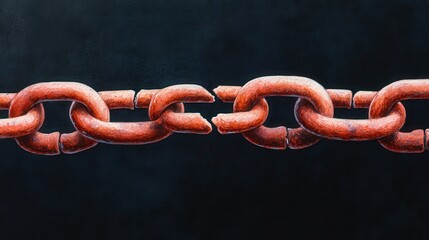 Fototapeta premium A close-up view of a broken red chain link against a dark background, symbolizing disruption and the fragility of connections.