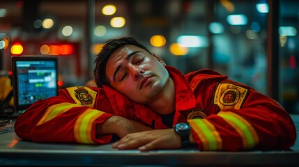 Firefighter Exhaustion A Close-up of a Firefighter Sleeping in a Red Uniform with Reflective Stripes Against a Blurred Background of Lights, Exhaustion, Firefighter, Sleep