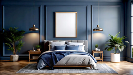 Fototapeta premium Frame mockup in cozy dark blue bedroom interior, 3d render, white Mock up