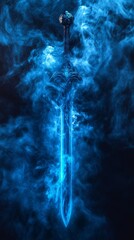 Magical sword surrounded by blue smoke on black background
