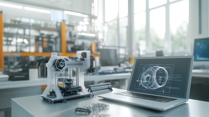 Fototapeta premium 3D Printing Workshop with SLA Printer and Laptop.