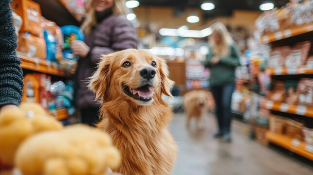 Golden Retriever's Excited Gaze in Pet Store Aisle, Dog, Pet Store, Shopping