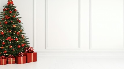 A beautifully decorated living room features a Christmas tree adorned with ornaments and presents beside a stylish white couch against large windows