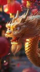 Golden chinese dragon celebrating lunar new year with lanterns