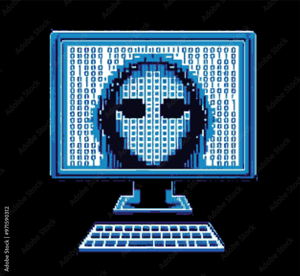 Aufkleber computer monitor with a face on it in pixel art style.