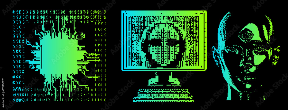 Poster Abstract cybersecurity-themed collage with a pixelated hacker figure on a computer screen, robot head and glitchy artifacts.