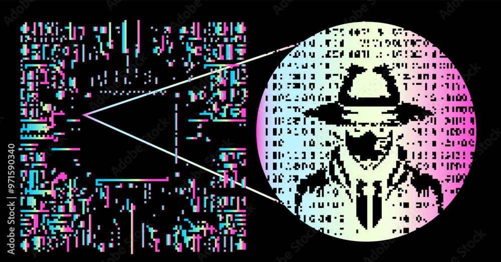 Aufkleber Abstract cybersecurity-themed collage with pixelated figure of a hacker with hat and glitchy artifacts.