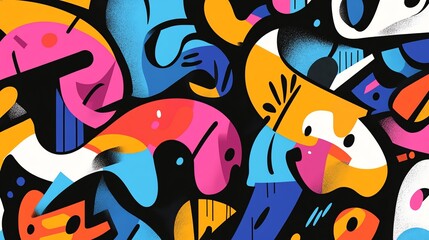 Colorful abstract pattern with bright shapes and lines on a black background.