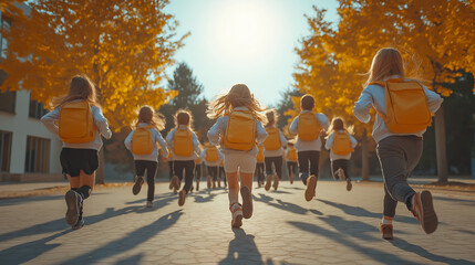 Many Schoolchildren with yellow Backpacks running to School in Autumn Schoolyard. Unfocused Back View shot. Back to School Concept. 