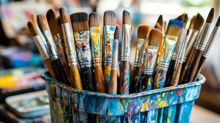 Obraz premium Paintbrush Collection in a Colorful Container, painting tools, art supplies, artist's studio