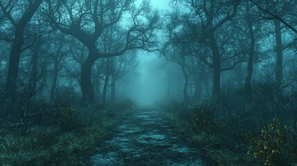 Obraz premium The Enchanting Path Through a Mystical Forest, Digital Painting, Mysterious Forest, Blue Mist, Path, Trees, Forest