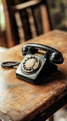 Classic rotary phone on wooden desk evokes nostalgia and charm