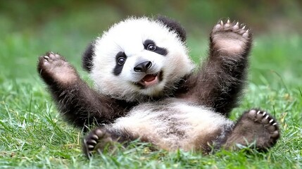 Obraz premium A panda bear sitting in grass with arms raised and front paws up
