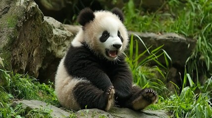  Panda on rock with green grass & rocks stacked nearby