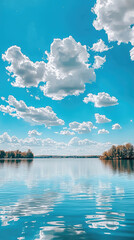 Clear blue lake with puffy white clouds reflecting on waters surface