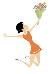 Happy young woman holds flowers. 
Happy jumping woman holds a bunch of flowers. Isolated on white background
