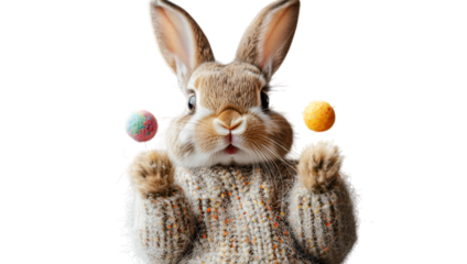 a rabbit in a sweater juggling balls.