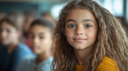 Fototapeta premium Cute Pupil Girl with curly hair sitting at Classroom with her Classmates behind her. Casual Day at School Concept. Banner with Copy Space