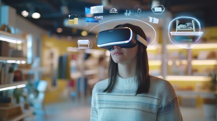 Woman Using Virtual Reality Headset To Design Furniture