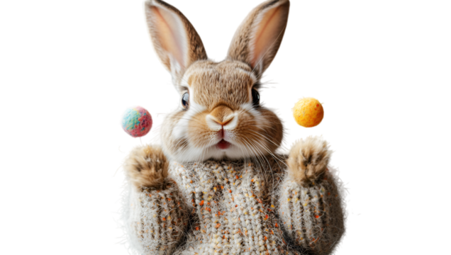 a rabbit in a sweater juggling balls. - Powered by Adobe
