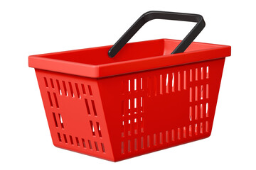 3D Red Shopping basket icon isolated on purple background. Online Shopping Concept, E-Commerce logistic delivery Concept. Minimal Empty red shopping basket plastic icon creative design. 3d render.