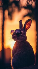 Cool rabbit wearing sunglasses posing during golden hour sunset