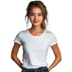 Fototapeta premium Smiling young woman with long hair wearing a transparent t-shirt isolated on transparent background